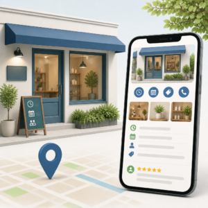 店舗情報と地図検索を通じて利用者が営業時間やサービスを確認するMEOのイメージ