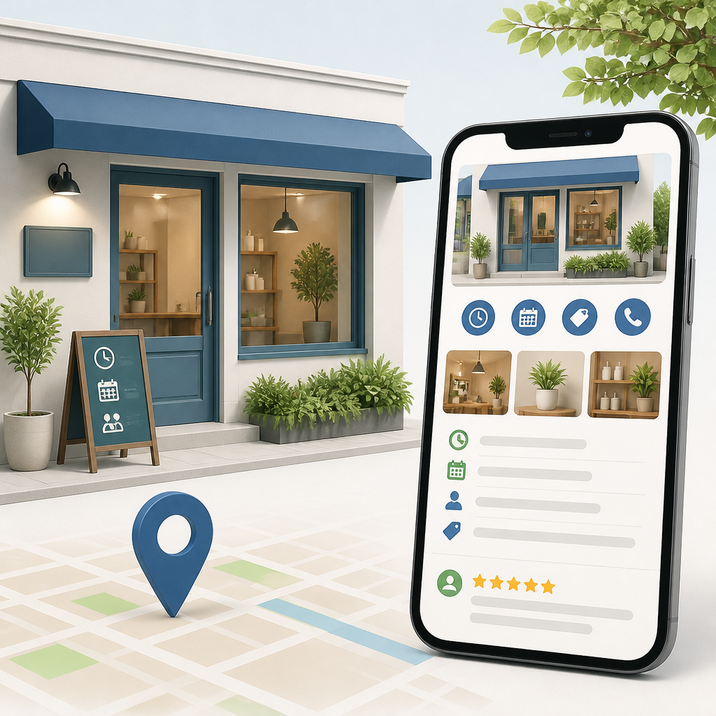 店舗情報と地図検索を通じて利用者が営業時間やサービスを確認するMEOのイメージ